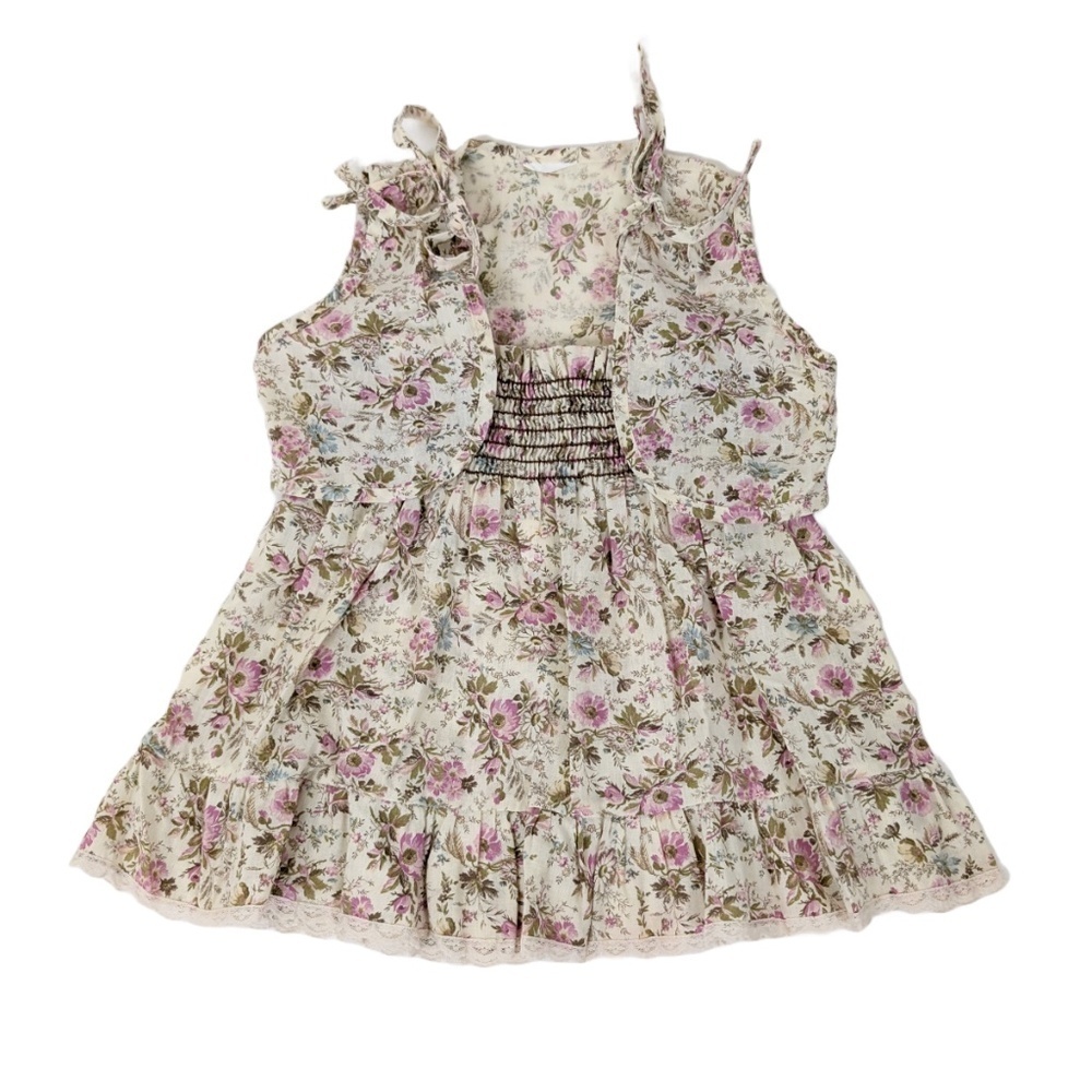 Free With Purchase - 2T 70's Floral Dress and Vest Set Ruching Gathered Ruffles